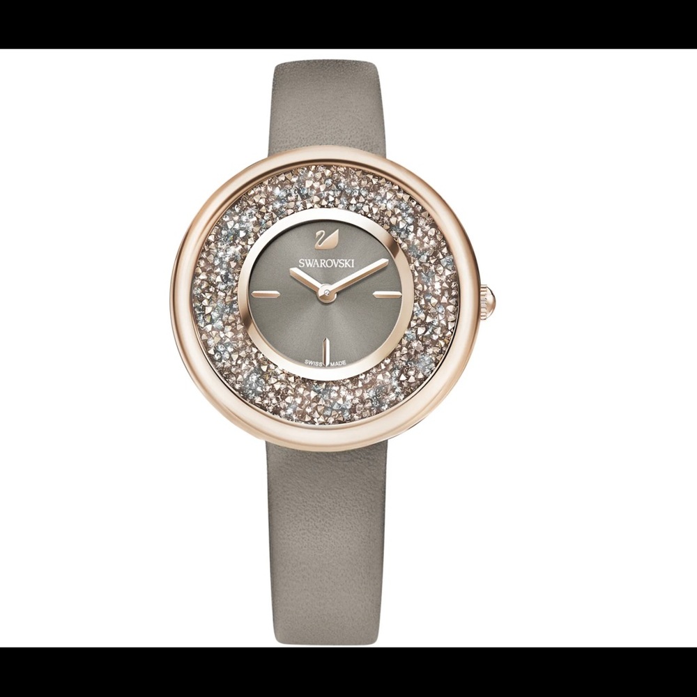 Swarovski Crystalline Watch Pure Gray Quartz W/ Leather Strap And Gold Hardware